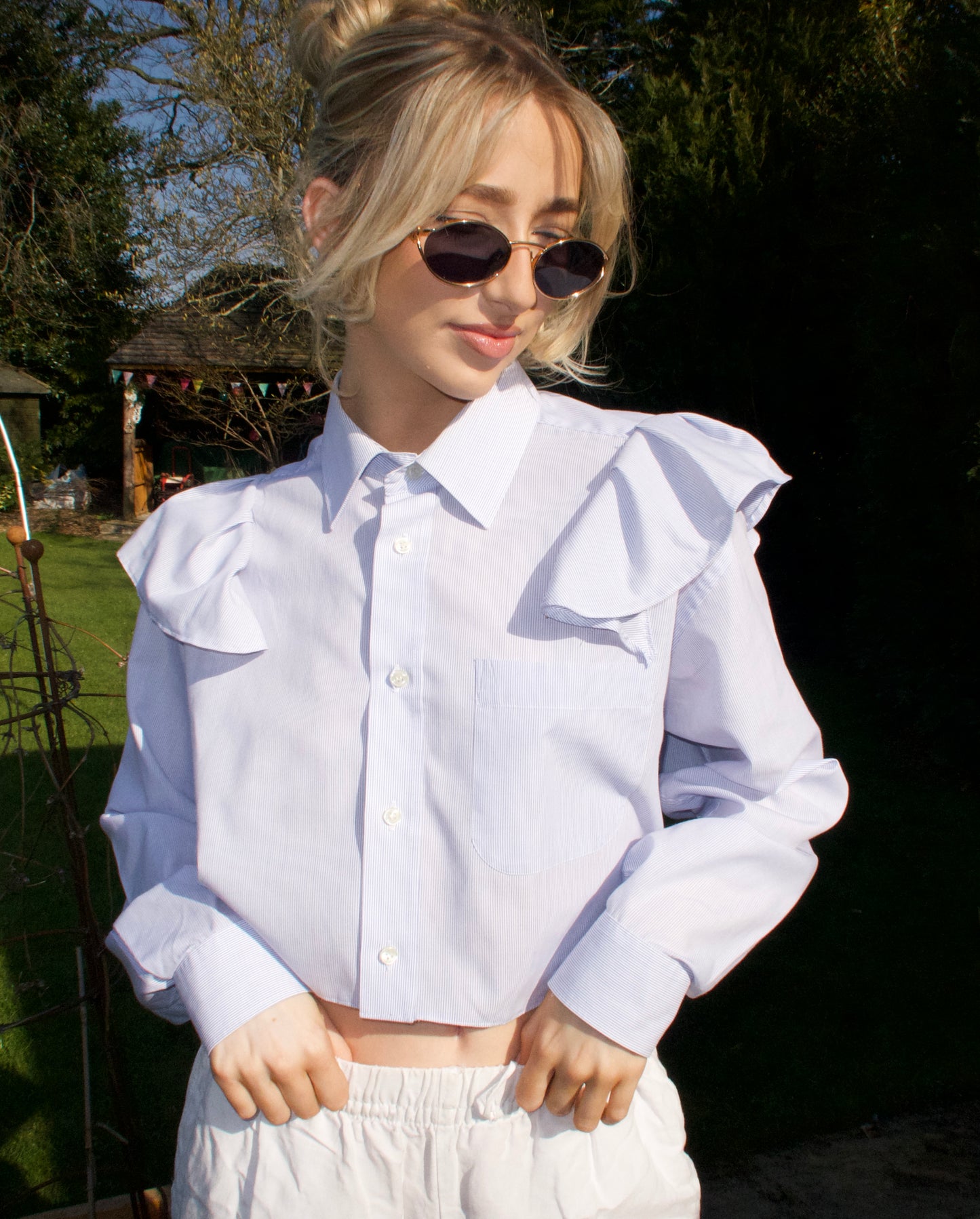 Up-cycled 'Frill Seeker' Shirt Blue